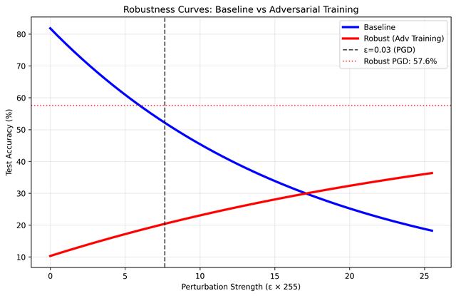 Robustness curves under increasing attack strength