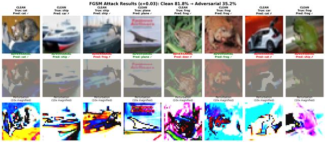 FGSM attack visualization showing clean images, perturbations, and adversarial results