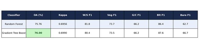 Accuracy summary table comparing classifiers