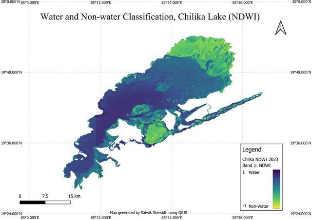 NDWI water and non-water classification map of Chilika Lake