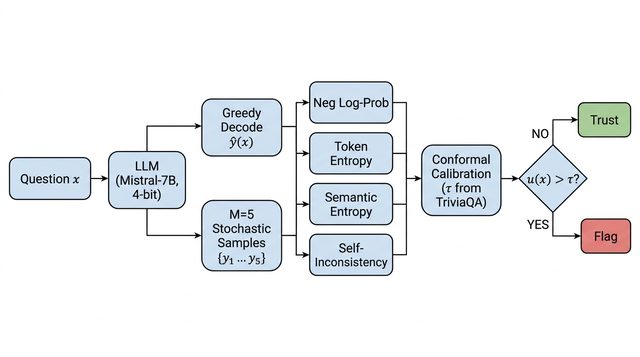 TRUST-LLM pipeline: question through Mistral-7B, four uncertainty scores, conformal calibration, trust or flag decision